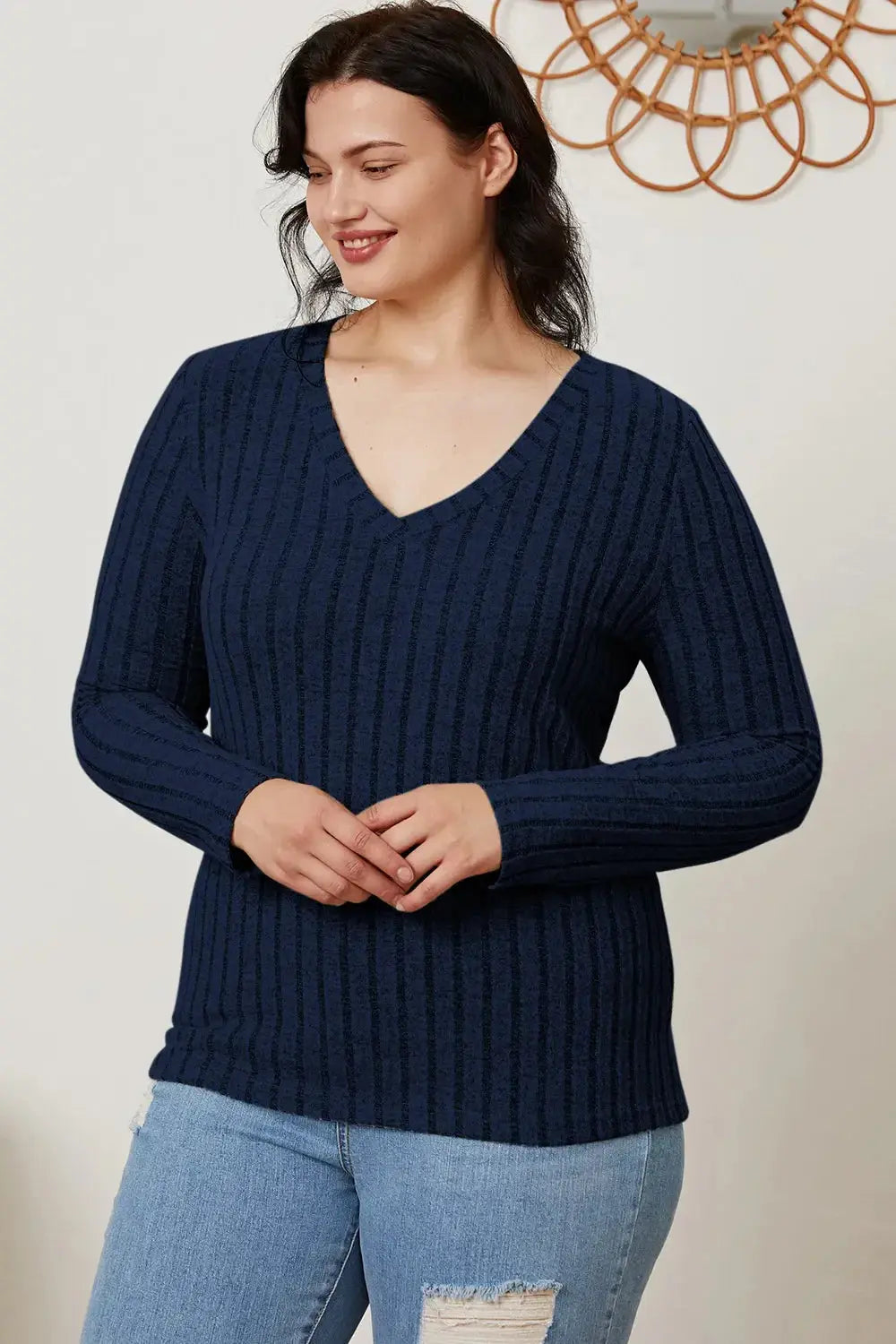 Basic Bae Full Size Ribbed V-Neck Long Sleeve T-Shirt - Love Salve